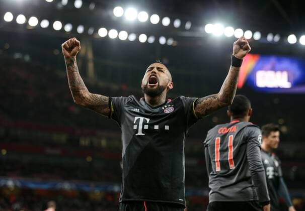 Munich s Arturo Vidal celebrates scoring his sides fifth goal during the Champions League Round of 16 match at the Emirates Stadium, London. Picture date March 7th, 2017 Pic David Klein Sportimage EDITORIAL USE ONLY. No use with unauthorised audio, video, data, fixture lists, club league logos or live services. Online in-match use limited to 120 images, no video emulation. No use in betting, games or single club league player publications.