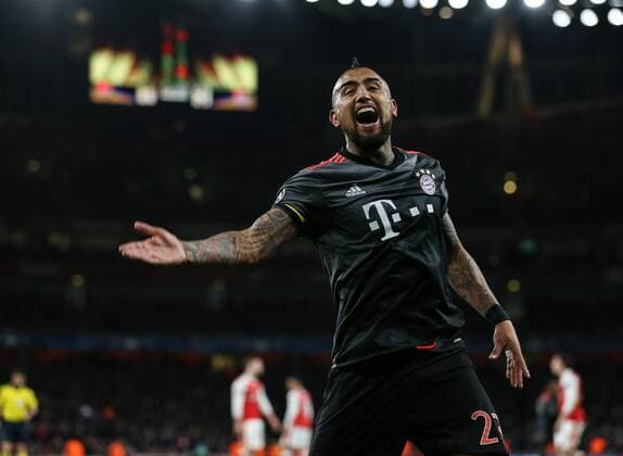 Munich s Arturo Vidal celebrates scoring his sides fourth goal during the Champions League Round of 16 match at the Emirates Stadium, London. Picture date March 7th, 2017 Pic David Klein Sportimage EDITORIAL USE ONLY. No use with unauthorised audio, video, data, fixture lists, club league logos or live services. Online in-match use limited to 120 images, no video emulation. No use in betting, games or single club league player publications.