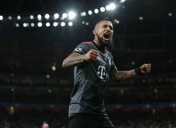 Munich s Arturo Vidal celebrates scoring his sides fourth goal during the Champions League Round of 16 match at the Emirates Stadium, London. Picture date March 7th, 2017 Pic David Klein Sportimage EDITORIAL USE ONLY. No use with unauthorised audio, video, data, fixture lists, club league logos or live services. Online in-match use limited to 120 images, no video emulation. No use in betting, games or single club league player publications.