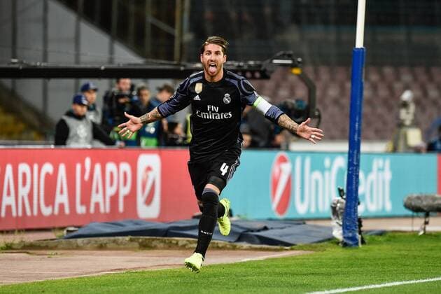 Fußball, CL, SSC Neapel - Real Madrid March 7, 2017 - Rome, Italy - Sergio Ramos of Real Madrid celebrates scoring his side first goal during the UEFA Champions League Round of 16 game 2 match between Napoli and Real Madrid at Stadio San Paolo, Naples, Italy on 7 March 2017. Napoli v Real Madrid - Champions League  - ZUMAn230 20170307_zaa_n230_395 Copyright: xGiuseppexMaffiax