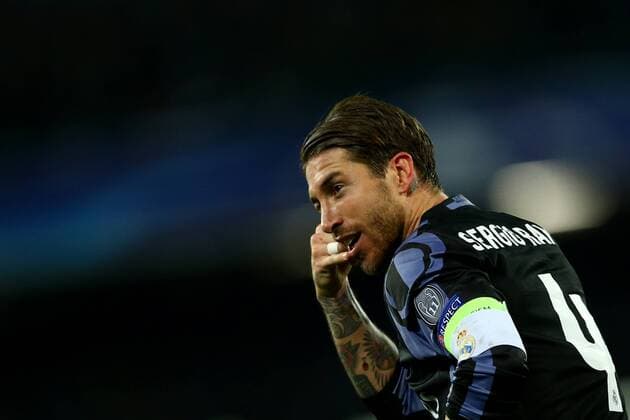 March 7, 2017 - Naples, Italy - Sergio Ramos of Real Madrid celebration after the goal of 2-1 scored during the UEFA Champions League Round of 16 second leg match between SSC Napoli and Real Madrid CF at Stadio San Paolo on March 7, 2017 in Naples, Italy. SSC Napoli v Real Madrid CF - UEFA Champions League Round of 16: Second Leg  - ZUMAn230 20170307_zaa_n230_450 Copyright: xMatteoxCiambellix