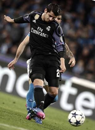 Italy Soccer Champions League: Real Madrid beats Napoli 3-1 Real Madrid Alvaro Morata kicks to score during the round of 16 second leg soccer match Champions League between Napoli and Real Madrid at the San Paolo stadium. Real Madrid won 3-1 to reach the quarter-finals  IsabellaxBonottox xPacificxPress