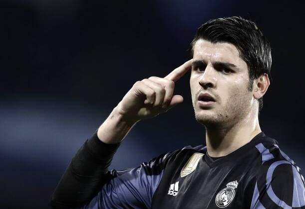 Italy Soccer Champions League: Real Madrid beats Napoli 3-1 Real Madrid Alvaro Morata celebrates after scoring during the round of 16 second leg soccer match Champions League between Napoli and Real Madrid at the San Paolo stadium. Real Madrid won 3-1 to reach the quarter-finals  IsabellaxBonottox xPacificxPress