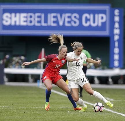 March 7, 2017: English Women s national team Nationalteam Forward 19 Toni Duggan challenges German Women s National Team Defender 14 Anna Blasse for the ball during a soccer match as part of the SheBelieve Cup 2017 between Germany and England at RFK Stadium in Washington DC. Germany defeats England, 1-0. CSM SheBelieve Cup 2017: Germany vs England MAR 07 - ZUMAc04_ 20170307_zaf_c04_009 Copyright: xJustinxCooperx