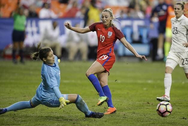 March 7, 2017: German Women s national team Nationalteam Goalkeeper 21 Lisa WeiB comes out to stop the ball before English Women s National Team Forward 19 Toni Duggan is called offsides during a soccer match as part of the SheBelieve Cup 2017 between Germany and England at RFK Stadium in Washington DC. Germany defeats England, 1-0. CSM SheBelieve Cup 2017: Germany vs England MAR 07 - ZUMAc04_ 20170307_zaf_c04_025 Copyright: xJustinxCooperx