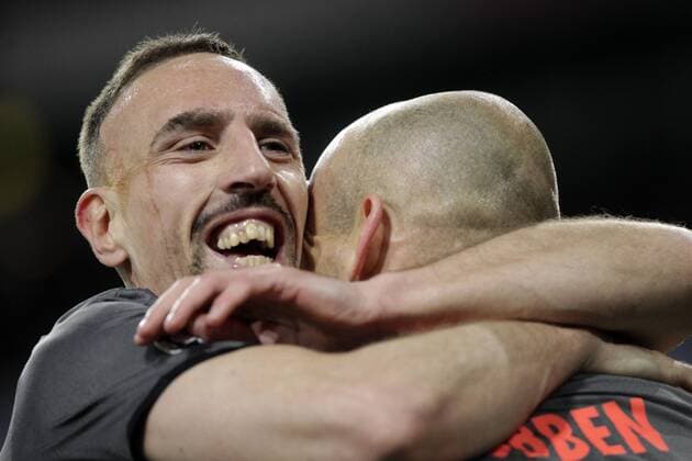 March 7th 2017, Emirates Stadium, London England; UEFA Champions League football, Arsenal FC versus Bayern Munich; Goal celebration from Arjen Robben (Bayern Munich) in the 68th minute with Frank Ribbery xLaurentxLairysx  ActionPlus11854339
