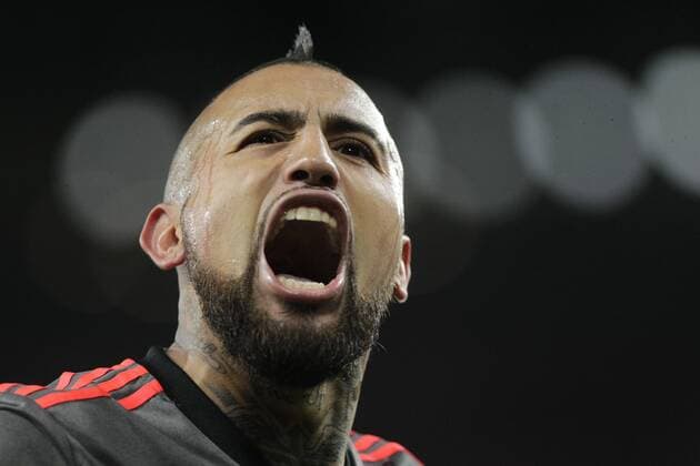 March 7th 2017, Emirates Stadium, London England; UEFA Champions League football, Arsenal FC versus Bayern Munich) Arturo Vidal (Bayern Munich) celebrates as he scores his first goal for 1-4 in the 80th minute xLaurentxLairysx  ActionPlus11854353