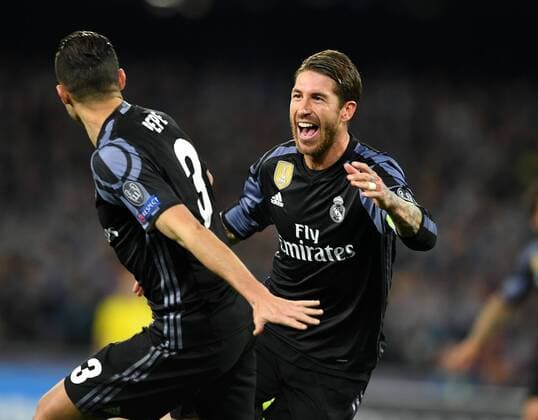 NAPLES, March 7, 2017 -- Sergio Ramos(R) of Real Madrid celebrates socring during the UEFA Champions League Round of 16 second leg match between Napoli and Real Madrid in Naples, Italy, March 7, 2017. Real Madrid won 3-1 advanced to the quarterfinal with 6-2 on aggregate. ) (SP)ITALY-NAPLES-SOCCER-UEFA-UCL-REAL MADRID VS NAPOLI AlbertoxLingria 