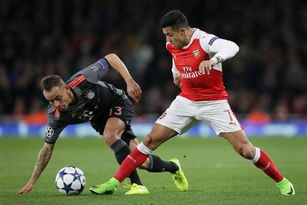 LONDON, March 7, 2017 -- Rafinha(L) of Bayern Munich vies with Alexis Sanchez of Arsenal during the UEFA Champions League Round of 16 second leg match between Arsenal and Bayern Munich in London, Britain on March 7, 2017. Bayern Munich won 5-1 and advanced to the quarterfinal with 10-2 on aggregate. )(wll) (SP)BRITAIN-LONDON-SOCCER-UEFA-UCL-ARSENAL VS BAYERN MUNICH TimxIreland 