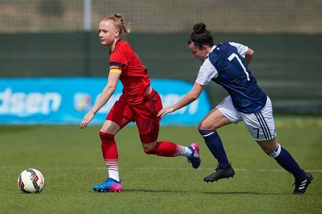 Spain: Friendly international match Länderspiel at La Manga Anna Gerhardt of Germany L and Amy Gallacher of Scotland competes for the ball during the International Friendly Länderspiel match U19 between Germany Women vs Scotland Women at La Manga Club on March 07, 2017 at la Manga Club, Spain.  SergioxLopezx xPacificxPress