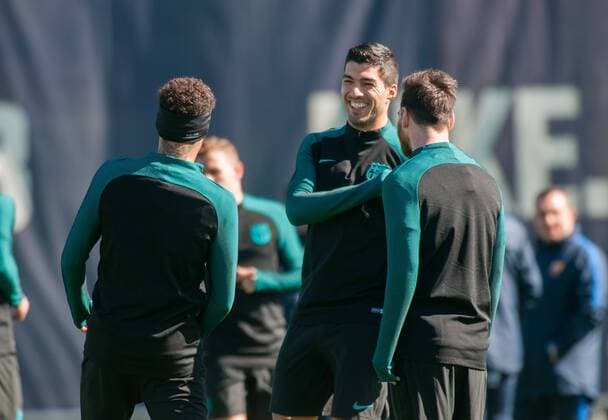SPAIN - Mar,7th: Luis Suarez, Neymar jr and Leo Messi during the last training before the match between FC Barcelona Barca - PSG, for the match of the Champions League, played at Camp Nou Stadium on 7th March 2017 in Barcelona, Spain. (Credit: David R. Rico Urbanandsport Cordon Press)  xCordonxPressx xSPAINx-PressxConferencex-xFCxBarcelonax-xPSGx-xxChampionsxLeaguex-x2016 17x