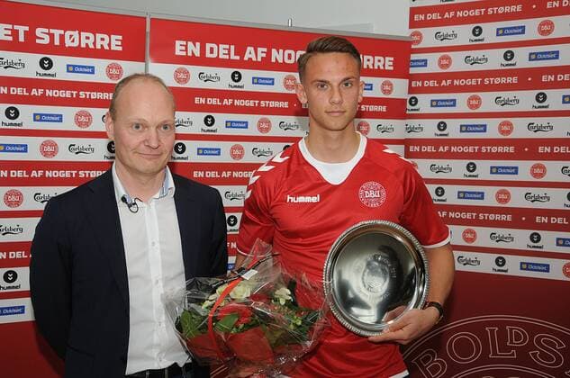 Brondby Copenhagen Denmark - Trainer U21 U 21 team Niels Frederiksen with Talent pize winner Marcus Ingvartsen football player with FCN Denmark. 08.March 2017 - 