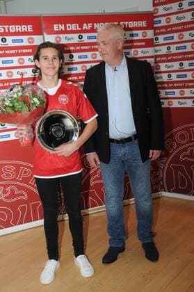 Brondby Copenhagen Denmark - 08.March 2017 -Victor Jensen footbll player with FCCopenhgen rewarding Talent prize with Flemming Berg talent expert at award ceremony in Footbal house . 