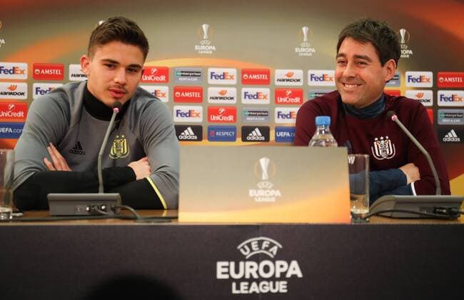 Anderlecht s Leander Dendoncker and Anderlecht s head coach Rene Weiler pictured during a press conference PK Pressekonferenz of Belgian soccer team RSC Anderlecht in Nicosie, Cyprus, Wednesday 08 March 2017. Tomorrow Anderlecht is playing 1 8 final first leg game of the Europa League competition against Cyprus team Apoel Nicosie. VIRGINIExLEFOUR  x05060859x
