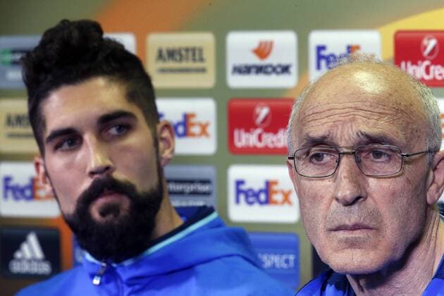ROSTOV-ON-DON, RUSSIA - MARCH 8, 2017: FC Rostov s Miha Mevlja (L) and coach Ivan Danilyants during a press conference PK Pressekonferenz ahead of the 1st leg of their 2016-17 UEFA Europa League Round of 16 football match against Manchester United ManU Valery Matytsin TASS  TS0439E1
