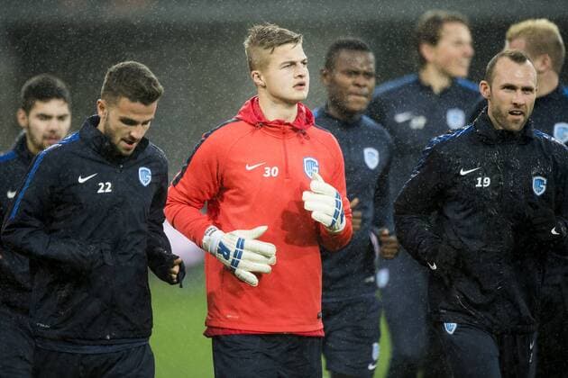 Genk s Siebe Schrijvers, Genk s goalkeeper Nordin Jackers and Genk s Thomas Buffel pictured in action during a training session of Belgian soccer team KRC Genk, Wednesday 08 March 2017, in Gent. Tomorrow Gent is playing a first-leg game of 1 8 finals of the Europa League competition against Belgian club KRC Genk. JASPERxJACOBS  x05060931x