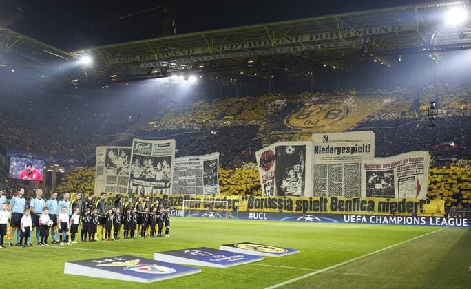 Choreographie Südkurve Fans of Dortmund during the Championsleague match between Borussia Dortmund and Benfica Lissabon, Signal Iduna Park in Dortmund on March 08., 2017. Borussia Dortmund vs. Benfica Lissabon im Achtelfinale der Championsleague in der Saison 2016 2017 am 8. März 2017.