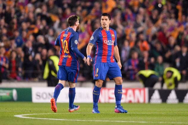 09 LUIS SUAREZ (bar) - 10 LIONEL MESSI (bar) - Jubel - Fussball, Champions League, FC Barcelona vs. Paris Saint Germain PSG - 08 03 2017 AnthonyBIBARD FEP Panoramic 
