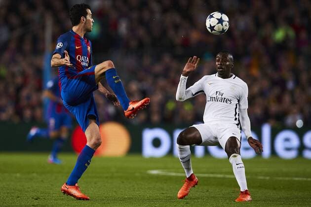08.03.2017, xslx, Fussball Champions League, FC Barcelona Barca - Paris St. Germain, emspor vl Sergio Busquets (FC Barcelona), Blaise Matuidi (Paris Saint-Germain) Barcelona