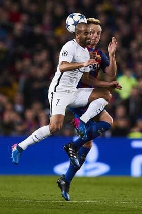 08.03.2017, xslx, Fussball Champions League, FC Barcelona Barca - Paris St. Germain, emspor vl Lucas (Paris Saint-Germain), Ivan Rakitic (FC Barcelona) Barcelona