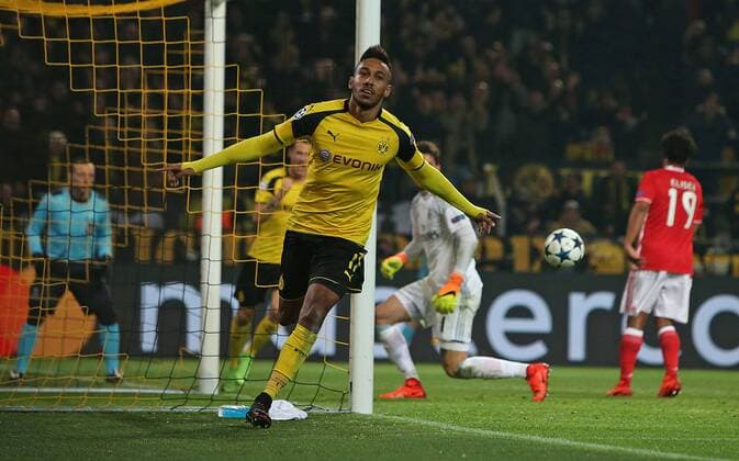 08.03.2017, Fussball Champions-League 2016 2017, Achtelfinale, Borussia Dortmund - Benfica Lissabon, im Signal-Iduna-Park Dortmund. Jubel Torschütze Pierre-Emerick Aubameyang (Dortmund) zum Tor zum 3:0 