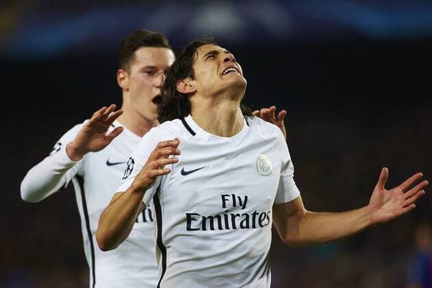 Paris Saint-Germain s Uruguayan striker Edinson Cavani (L) jubilates a goal against FC Barcelona Barca during the UEFA Champions league second leg round of 16 match between FC Barcelona and Paris Saint-Germain at Camp Nou stadium in Barcelona, Catalonia, Spain, 08 March 2017. FC BARCELONA VS. PARIS SAINT-GERMAIN !ACHTUNG: NUR REDAKTIONELLE NUTZUNG!  Copyright: xAlejandroxGarciax BCN001 20170308-636246089372261595