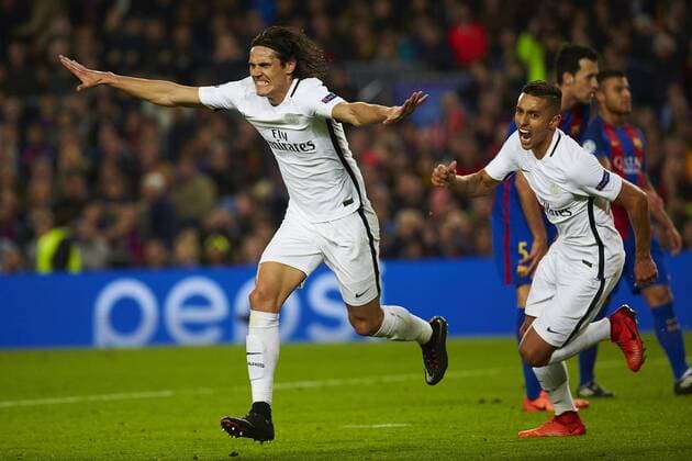 Paris Saint-Germain s Uruguayan striker Edinson Cavani (L) jubilates a goal against FC Barcelona Barca during the UEFA Champions league second leg round of 16 match between FC Barcelona and Paris Saint-Germain at Camp Nou stadium in Barcelona, Catalonia, Spain, 08 March 2017. FC BARCELONA VS. PARIS SAINT-GERMAIN !ACHTUNG: NUR REDAKTIONELLE NUTZUNG!  Copyright: xAlejandroxGarciax BCN001 20170308-636246090017313325