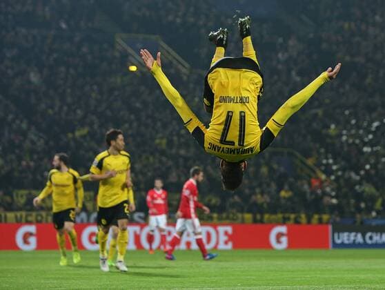 08.03.2017, Fussball Champions-League 2016 2017, Achtelfinale, Borussia Dortmund - Benfica Lissabon, im Signal-Iduna-Park Dortmund. Jubel Torschütze Pierre-Emerick Aubameyang (Dortmund) zum Tor zum 4:0 