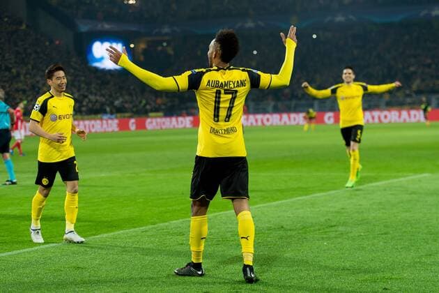 Dortmund, Germany 08.03.2017, UEFA Champions League - 2016 17 Season, Round of 16, Second leg, BV Borussia Dortmund - Benfica Lissabon, Torjubel, Pierre-Emerick Aubameyang (BVB) jubelt nach seinem treffer zum 4:0 ( DeFodi001