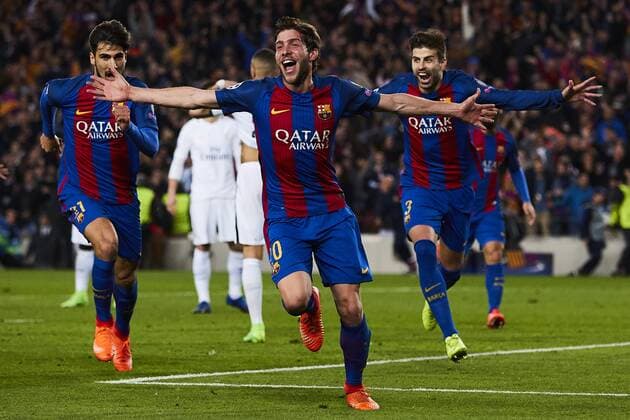 08.03.2017, xslx, Fussball Champions League, FC Barcelona Barca - Paris St. Germain, emspor vl Sergi Roberto (FC Barcelona) Jubelt nach den 6-1 Barcelona