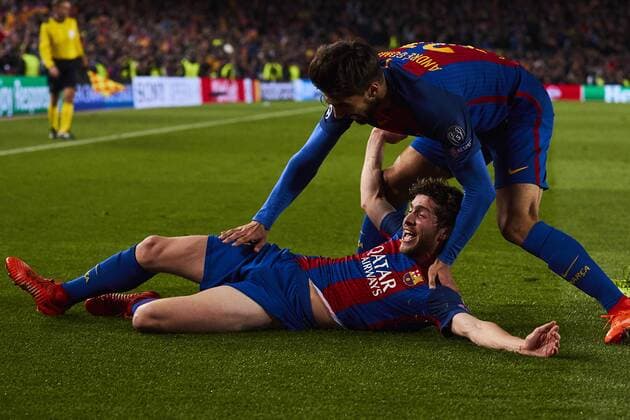 08.03.2017, xslx, Fussball Champions League, FC Barcelona Barca - Paris St. Germain, emspor vl Sergi Roberto (FC Barcelona) Jubelt nach den 6-1 Barcelona