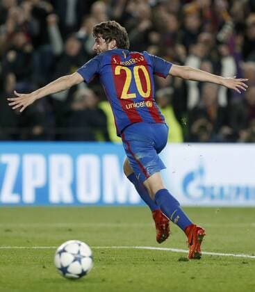 FC Barcelona Barca s defender Sergi Roberto jubilates the sixth goal of the team against Paris Saint-Germain during the UEFA Champions league second leg round of 16 match between FC Barcelona and Paris Saint-Germain at Camp Nou stadium in Barcelona, Catalonia, Spain, 08 March 2017. FC BARCELONA VS. PARIS SAINT-GERMAIN !ACHTUNG: NUR REDAKTIONELLE NUTZUNG!  Copyright: xAndreuxDalmaux BCN001 20170308-636246111994467563