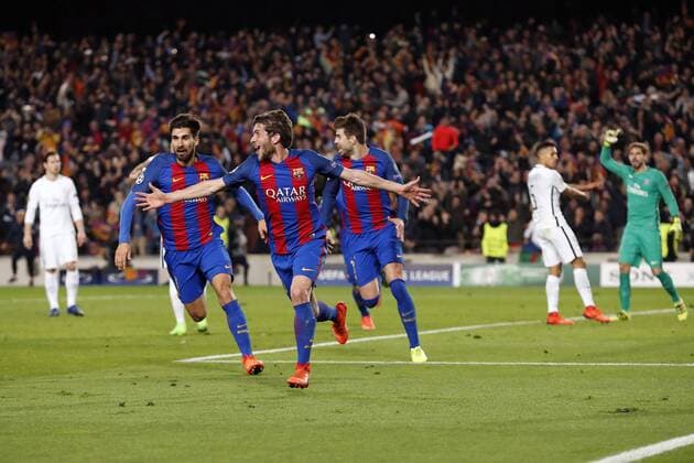 (L-R) Andre Gomes of FC Barcelona Barca Sergi Roberto of FC Barcelona, Gerard Pique of FC Barcelona, Marquinhos of Paris Saint-Germain, goalkeeper Kevin Trapp of Paris Saint-Germainduring the UEFA Champions League round of 16 match between FC Barcelona and Paris Saint Germain on March 08, 2017 at the Camp Nou stadium in Barcelona, Spain. FC Barcelona v Paris Saint Germain UEFA Champions League 2016 2017 xVIxxIVx 7286614