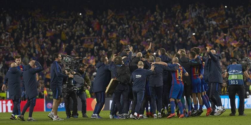 FC Barcelona Barca s players jubilate the victory after the UEFA Champions league second leg round of 16 match between FC Barcelona and Paris Saint-Germain at Camp Nou stadium in Barcelona, Catalonia, Spain, 08 March 2017. FC BARCELONA VS. PARIS SAINT-GERMAIN !ACHTUNG: NUR REDAKTIONELLE NUTZUNG!  Copyright: xAlejandroxGarciax BCN001 20170308-636246117211138747