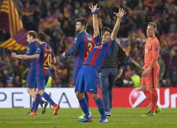FC Barcelona Barca s Uruguayan striker Luis Suarez jubilates the victory after the UEFA Champions league second leg round of 16 match between FC Barcelona and Paris Saint-Germain at Camp Nou stadium in Barcelona, Catalonia, Spain, 08 March 2017. FC BARCELONA VS. PARIS SAINT-GERMAIN !ACHTUNG: NUR REDAKTIONELLE NUTZUNG!  Copyright: xAlejandroxGarciax BCN001 20170308-636246117871498295