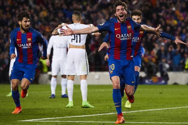 Fußball, CL, FC Barcelona - Paris St. Germain 08.03.2017, xslx, Fussball Champions League, FC Barcelona Barca - Paris St. Germain, emspor vl Sergi Roberto (FC Barcelona) Jubelt nach den Tor zum 6-1 Barcelona