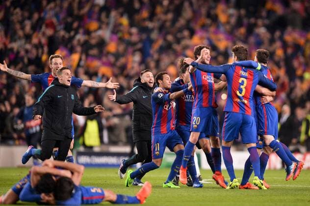 Fußball, CL, FC Barcelona - Paris St. Germain 20 Sergi Roberto (bar) - 18 Jordi Alba (bar) - 19 Lucas Digne (bar) - 11 NEYMAR (bar) - Jubel Fußball: FC Barcelona vs Paris St. Germain (PSG) - Champions League - 08 03 2017 AnthonyBIBARD FEP Panoramic 