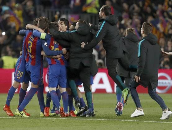 Fußball, CL, FC Barcelona - Paris St. Germain FC Barcelona Barca s players jubilate the 6-1 during the UEFA Champions League second leg round of 16 match between FC Barcelona and Paris Saint-Germain at Camp Nou stadium in Barcelona, Catalonia, Spain, 08 March 2017. FC BARCELONA VS. PARIS SAINT-GERMAIN !ACHTUNG: NUR REDAKTIONELLE NUTZUNG!  Copyright: xAndreuxDalmaux BCN001 20170309-636246150546114386