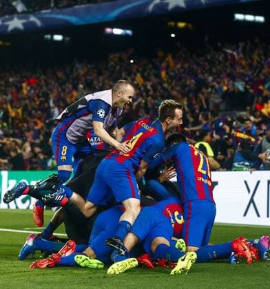 Fußball, CL, FC Barcelona - Paris St. Germain FC Barcelona Barca s players jubilate the 6-1 during the UEFA Champions League second leg round of 16 match between FC Barcelona and Paris Saint-Germain at Camp Nou stadium in Barcelona, Catalonia, Spain, 08 March 2017. FC BARCELONA VS. PARIS SAINT-GERMAIN !ACHTUNG: NUR REDAKTIONELLE NUTZUNG!  Copyright: xQuiquexGarciax BCN001 20170309-636246161588409285