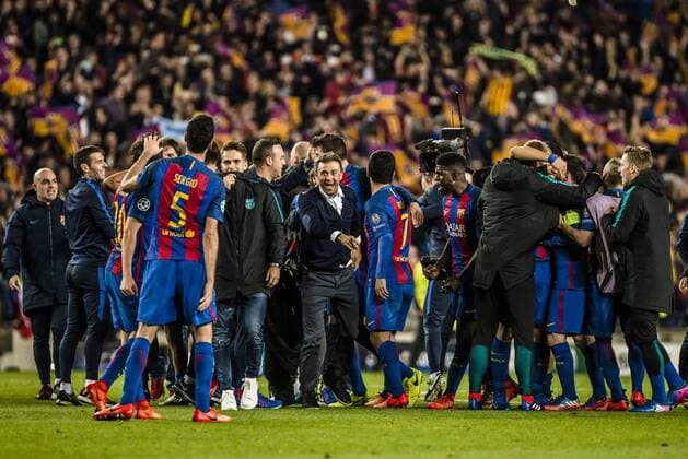Fußball, CL, FC Barcelona - Paris St. Germain March 8, 2017 - Barcelona, Catalonia, Spain - The players and technical team celebrate after winning the Champions League match between FC Barcelona Barca and Paris Saint-Germain at the Camp Nou stadium in Barcelona FC Barcelona 6:1 Paris Saint-Germain - Champions League - ZUMAo105 20170308_zap_o105_125 Copyright: xMatthiasxOesterlex