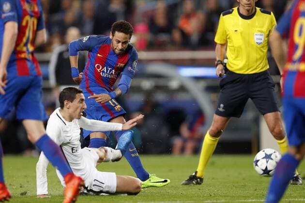 Fußball, CL, FC Barcelona - Paris St. Germain (L-R) Angel Di Maria of Paris Saint-Germain, Neymar of FC Barcelonaduring the UEFA Champions League round of 16 match between FC Barcelona Barca and Paris Saint Germain on March 08, 2017 at the Camp Nou stadium in Barcelona, Spain. FC Barcelona v Paris Saint Germain UEFA Champions League 2016 2017 xVIxxIVx 7287212