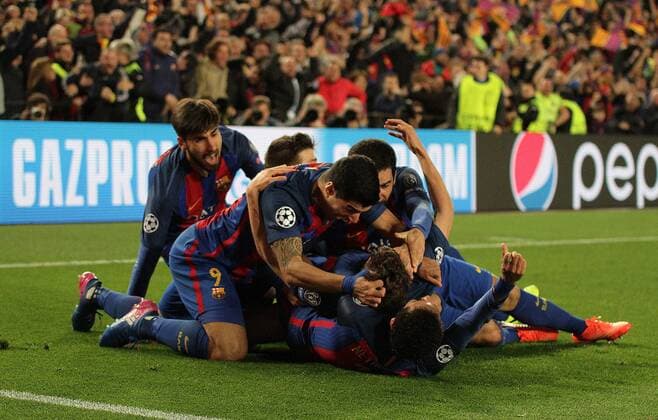 FuÃŸball, CL, FC Barcelona - Paris St. Germain March 8th 2017, Nou Camp, Barcelona, Spain; UEFA Champions League football, quarter-final 2nd leg, Barcelona FC versus Paris St German; Sergi Roberto celebrates as he scores his late 95th minute goal to win the game for Barcelona 6-1 xAngelxBoludax  ActionPlus11854485