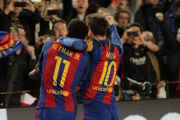 FuÃŸball, CL, FC Barcelona - Paris St. Germain March 8th 2017, Nou Camp, Barcelona, Spain; UEFA Champions League football, quarter-final 2nd leg, Barcelona FC versus Paris St German; Neymar and Messi celebrate their late game victory with the fans xAngelxBoludax  ActionPlus11854486