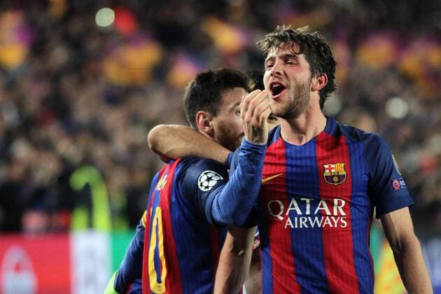 Bilder des Tages - SPORT FuÃŸball, CL, FC Barcelona - Paris St. Germain March 8th 2017, Nou Camp, Barcelona, Spain; UEFA Champions League football, quarter-final 2nd leg, Barcelona FC versus Paris St German; Sergi Roberto celebrates as he scores his late 95th minute goal to win the game for Barcelona 6-1 xAngelxBoludax  ActionPlus11854487