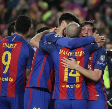 FuÃŸball, CL, FC Barcelona - Paris St. Germain March 8th 2017, Nou Camp, Barcelona, Spain; UEFA Champions League football, quarter-final 2nd leg, Barcelona FC versus Paris St German; Barcelona team celebration as they win the game by 6-1 and the tie 6-5 xAngelxBoludax  ActionPlus11854494