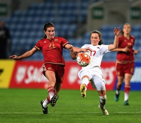 Fußball, Damen, Spanien gewinnt Algarve Cup LOULE, March 8, 2017 -- Maria F Caldentey Oliver (L) of Spain vies with Jessie Fleming of Canada during the final of 2017 Algarve Cup women s soccer tournament between Canada and Spain at the Algarve Stadium in Loule, Portugal, on March 8, 2017. Spain claimed the title by defeating Canada with 1-0. ) (SP)PORTUGAL-LOULE-WOMEN S SOCCER-ALGARVE CUP-FINAL ZhangxLiyun 