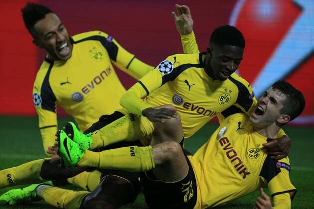 DORTMUND, March 8, 2017 -- Christian Pulisic(R) of Dortmund celebrates scoring with his teammates during the UEFA Champions League Round of 16 second leg match between Borussia Dortmund and SL Benfica at Signal Iduna Park in Dortmund, Germany, on March 8, 2017. Borussia Dortmund won 4-0 and advanced to the quarterfinal with 4-1 on aggregate. ) (SP)GERMANY-DORTMUND-SOCCER-UEFA-UCL-DORTMUND VS BENFICA LuoxHuanhuan 