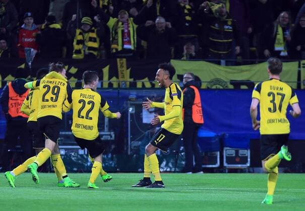 DORTMUND, March 8, 2017 -- Pierre-Emerick Aubameyang (2nd R) of Borussia Dortmund celebrates scoring during the UEFA Champions League Round of 16 second leg match between Borussia Dortmund and SL Benfica at Signal Iduna Park in Dortmund, Germany, on March 8, 2017. Borussia Dortmund won 4-0 and advanced to the quarterfinal with 4-1 on aggregate. ) (SP)GERMANY-DORTMUND-SOCCER-UEFA-UCL-DORTMUND VS BENFICA LuoxHuanhuan 