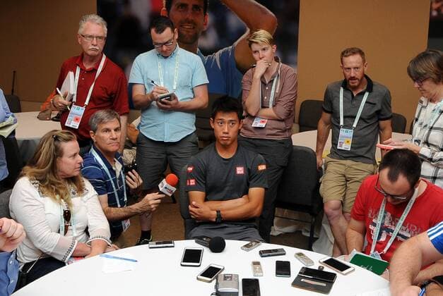 INDIAN WELLS, CA - MARCH 08: ATP Tennis Herren tennis player Kei Nishikori (JPN) sits with the media during Player Media Day held during the BNP Paribas Open, on March, 8, 2017, at the Indian Wells Tennis Garden in Indian Wells, CA. (Photo by John Cordes Icon Sportswire) TENNIS: MAR 08 BNP Paribas Open Icon506170308001 EDITORIAL USE ONLY