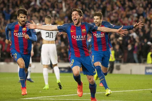 Fußball, CL, FC Barcelona - Paris St. Germain BARCELONA , March 8, 2017 -- Sergi Roberto (2nd R) of Barcelona celebrates scoring the team s late goal during the UEFA Champions League Round of 16 second leg match between Barcelona and Paris Saint-Germain in Barcelona, Spain on March 8, 2017. Barcelona won 6-1 and advanced to the quarterfinal with 6-5 on aggregate. )(wll) (SP)SPAIN-BARCELONA-SOCCER-UEFA-UCL-BARCELONA VS PARIS SAINT-GERMAIN LinoxDexVallier 